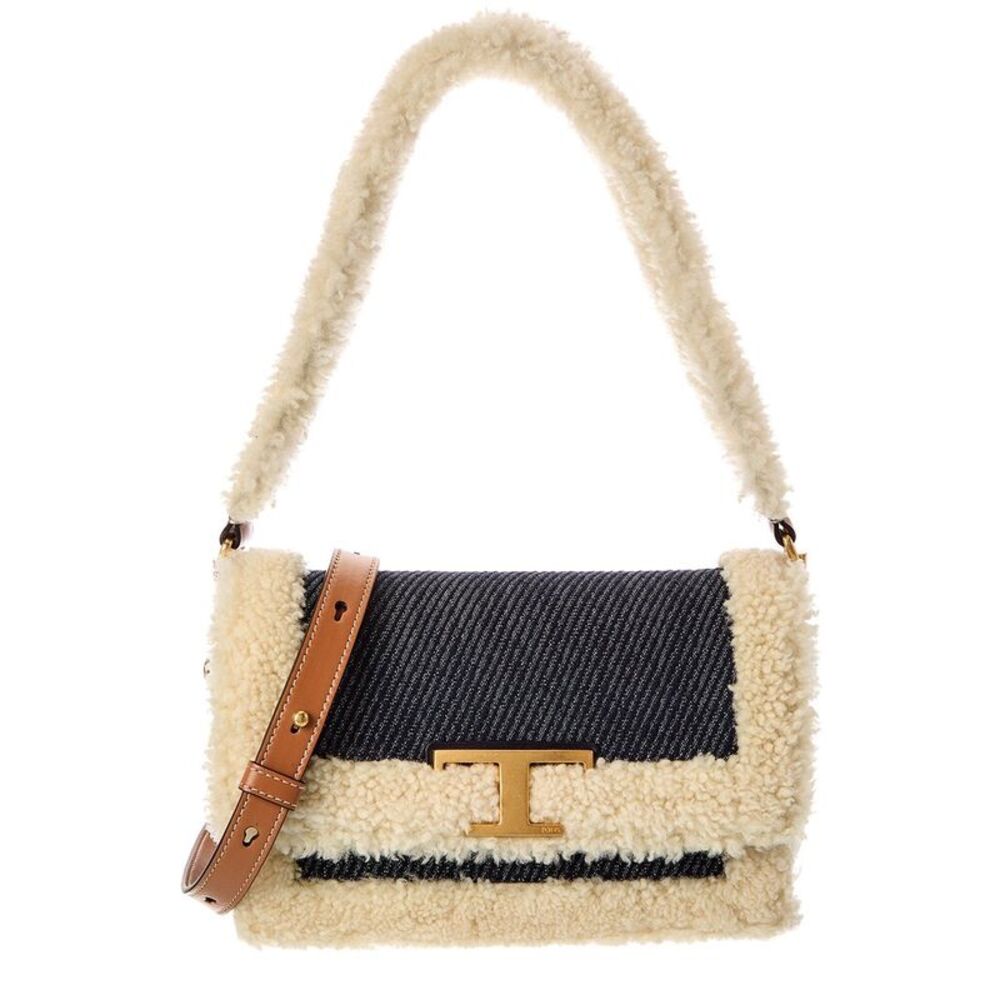 Tods T Timeless Denim & Shearling Shoulder Bag